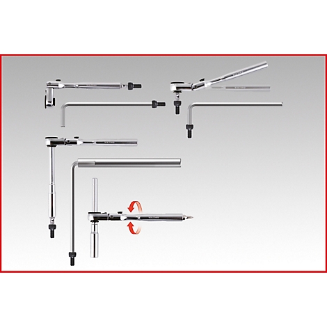 Mehrere Winkel-Knarren in verschiedenen Positionen auf grauem Hintergrund. Rote Pfeile weisen auf Drehbarkeit hin.